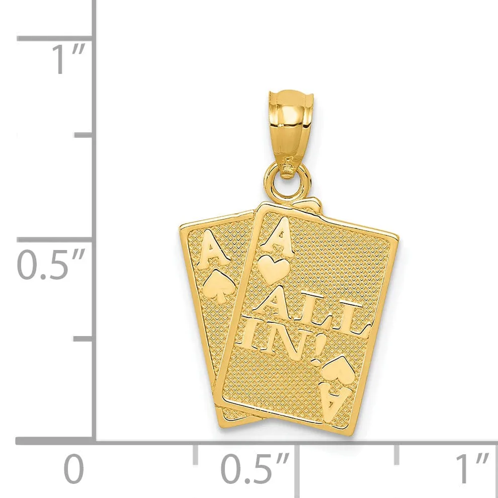 14k Yellow Gold Solid Texture Polished Finish Ace of Hearts and Ace of Spades ALL IN! Cards Charm Pendant