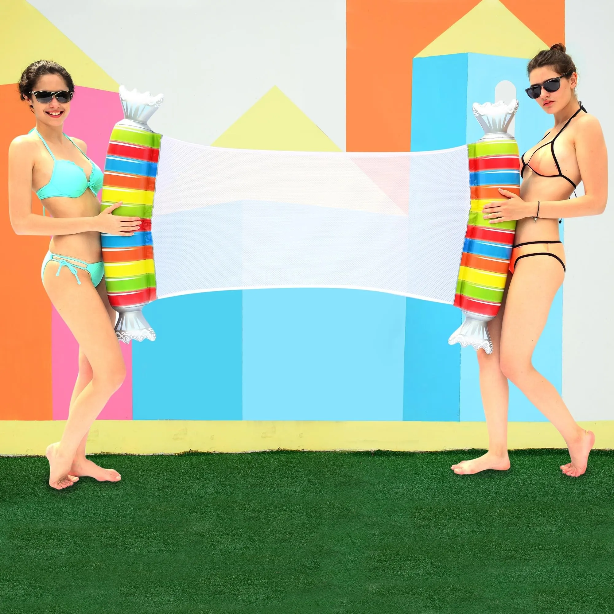 57" Inflatable Striped Candy Mesh Swimming Pool Water Hammock Multi
