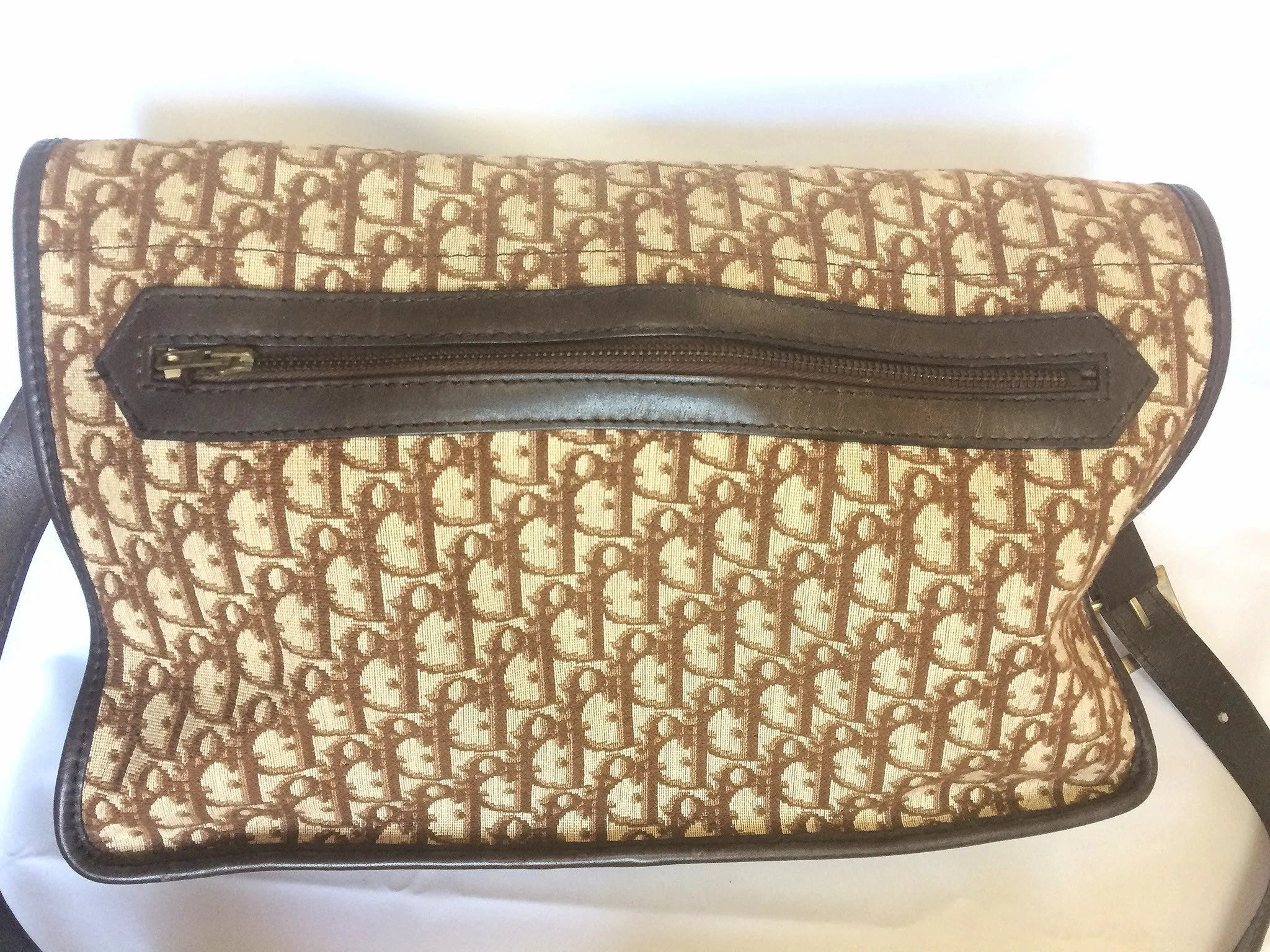70's, 80's Christian Dior vintage beige and brown trotter monogram large folded design bag, messenger bag. Unisex. Eclair zippers.