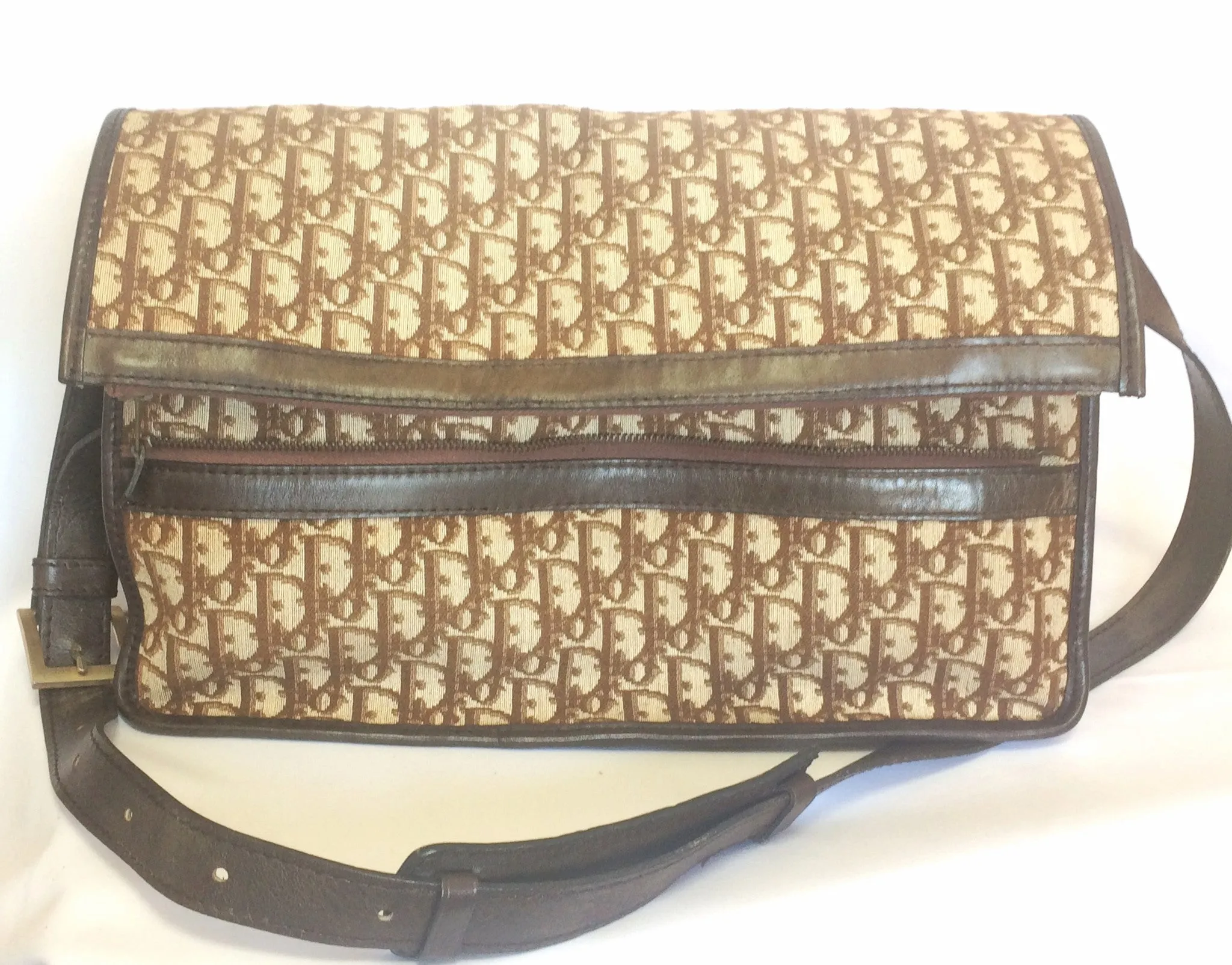 70's, 80's Christian Dior vintage beige and brown trotter monogram large folded design bag, messenger bag. Unisex. Eclair zippers.