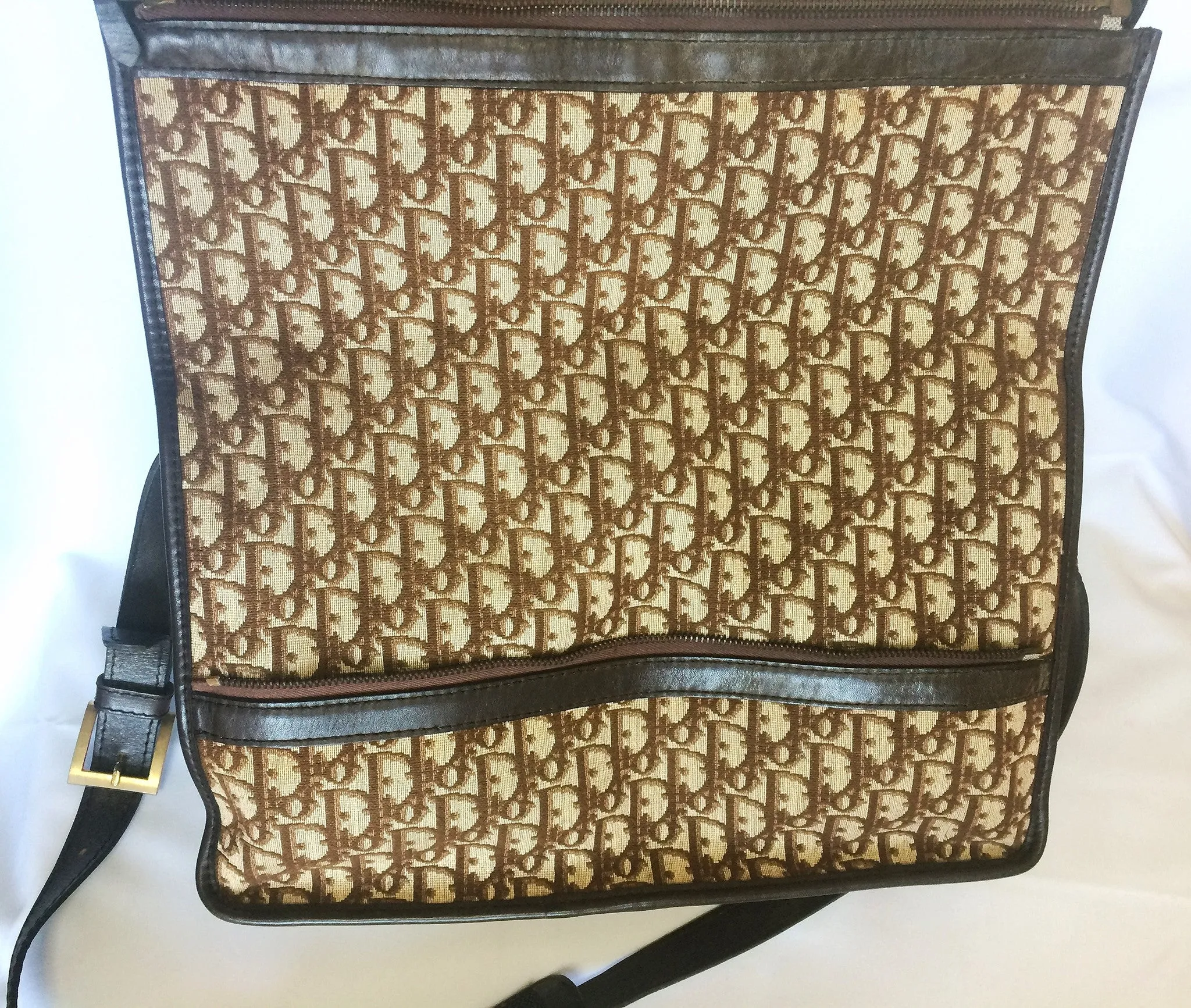 70's, 80's Christian Dior vintage beige and brown trotter monogram large folded design bag, messenger bag. Unisex. Eclair zippers.