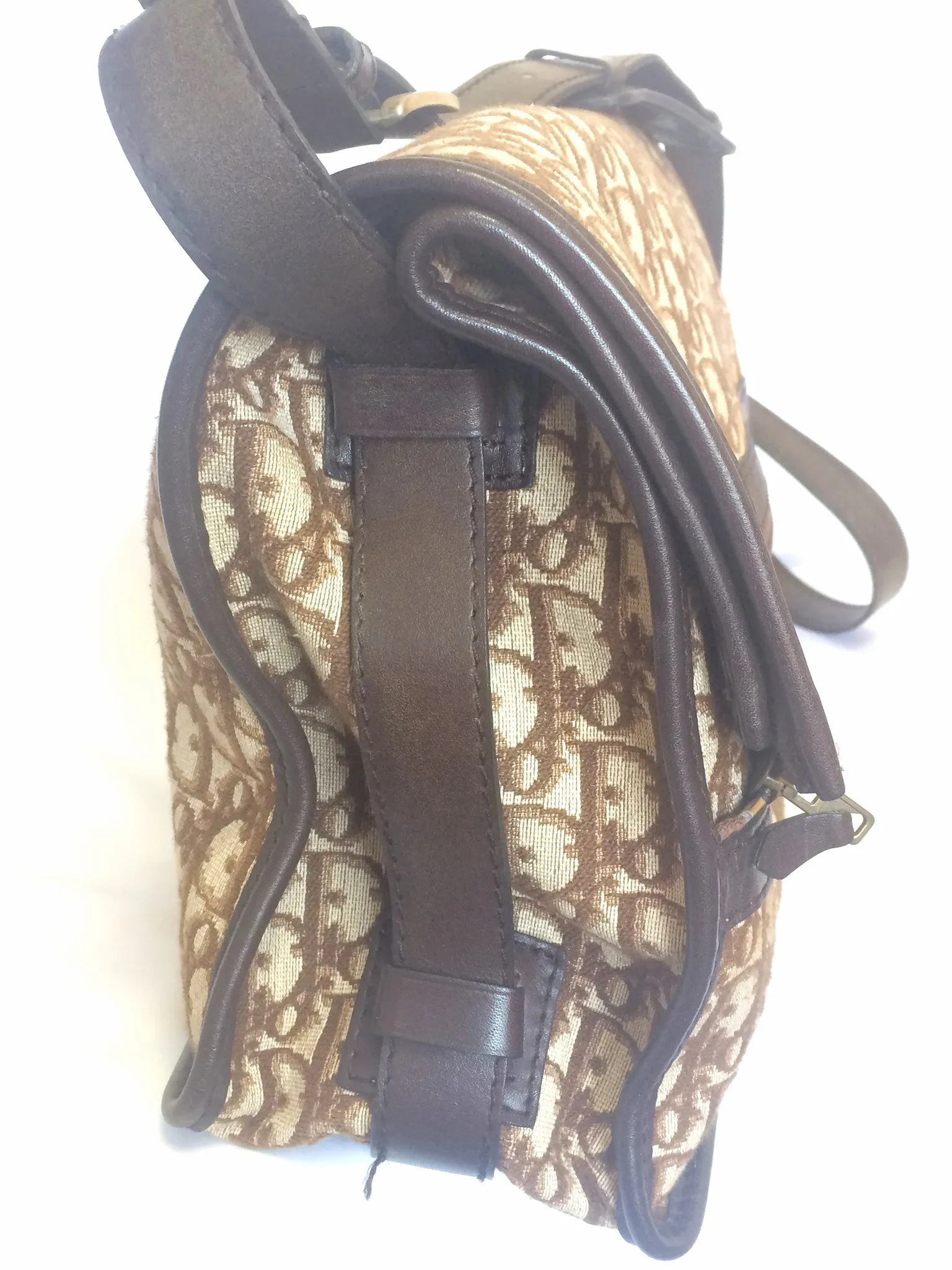 70's, 80's Christian Dior vintage beige and brown trotter monogram large folded design bag, messenger bag. Unisex. Eclair zippers.
