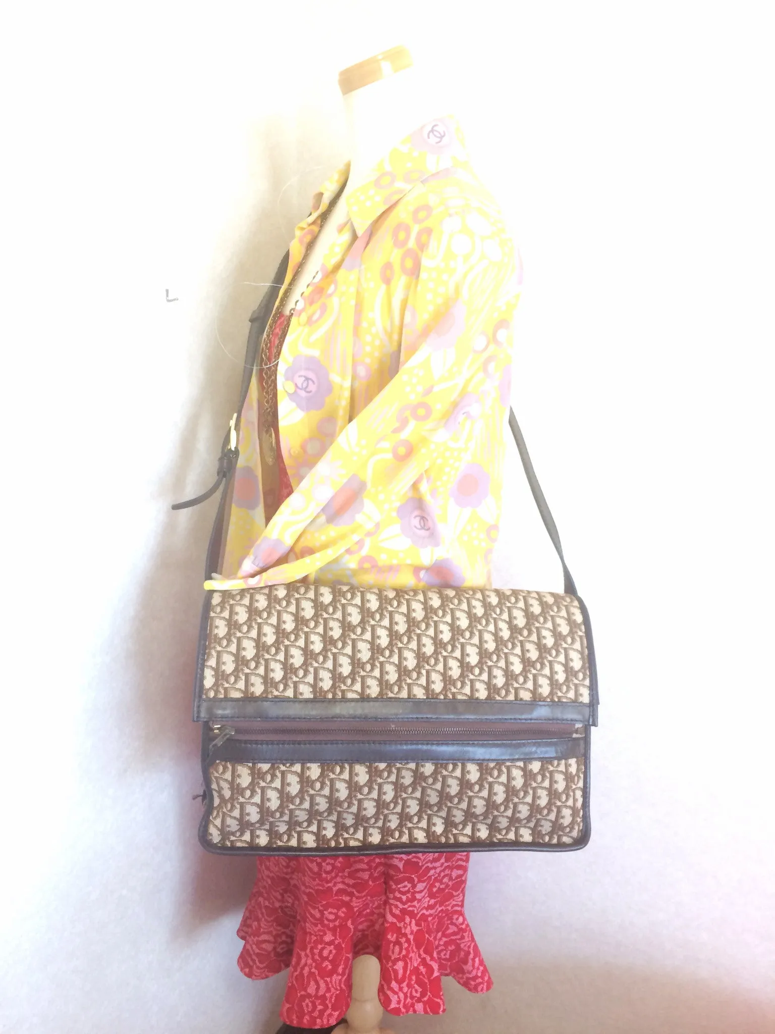 70's, 80's Christian Dior vintage beige and brown trotter monogram large folded design bag, messenger bag. Unisex. Eclair zippers.