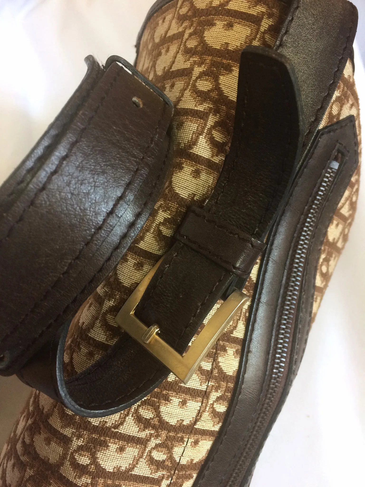 70's, 80's Christian Dior vintage beige and brown trotter monogram large folded design bag, messenger bag. Unisex. Eclair zippers.