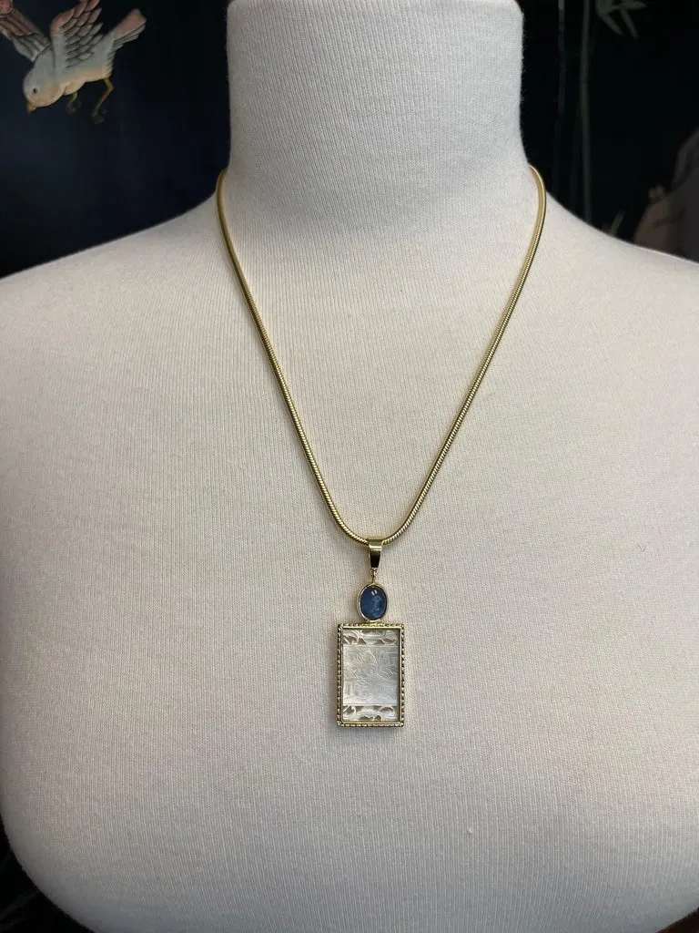 Antique Mother-of-Pearl Gambling Counter and Kyanite Cabochon Pendant 18k Gold