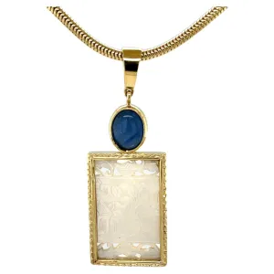 Antique Mother-of-Pearl Gambling Counter and Kyanite Cabochon Pendant 18k Gold