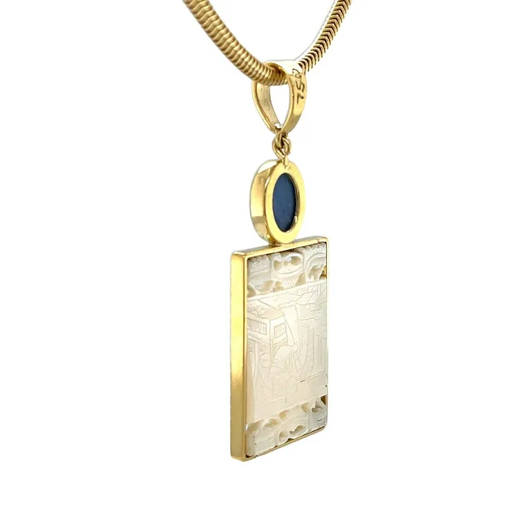 Antique Mother-of-Pearl Gambling Counter and Kyanite Cabochon Pendant 18k Gold