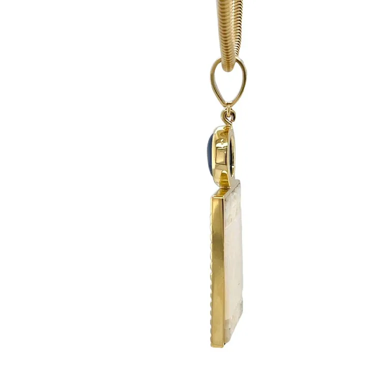 Antique Mother-of-Pearl Gambling Counter and Kyanite Cabochon Pendant 18k Gold
