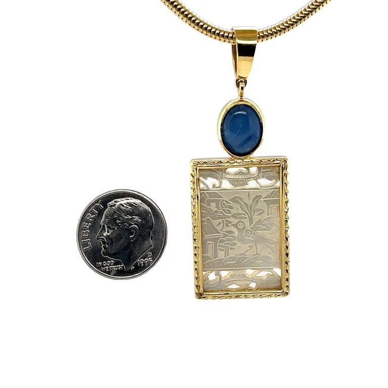 Antique Mother-of-Pearl Gambling Counter and Kyanite Cabochon Pendant 18k Gold
