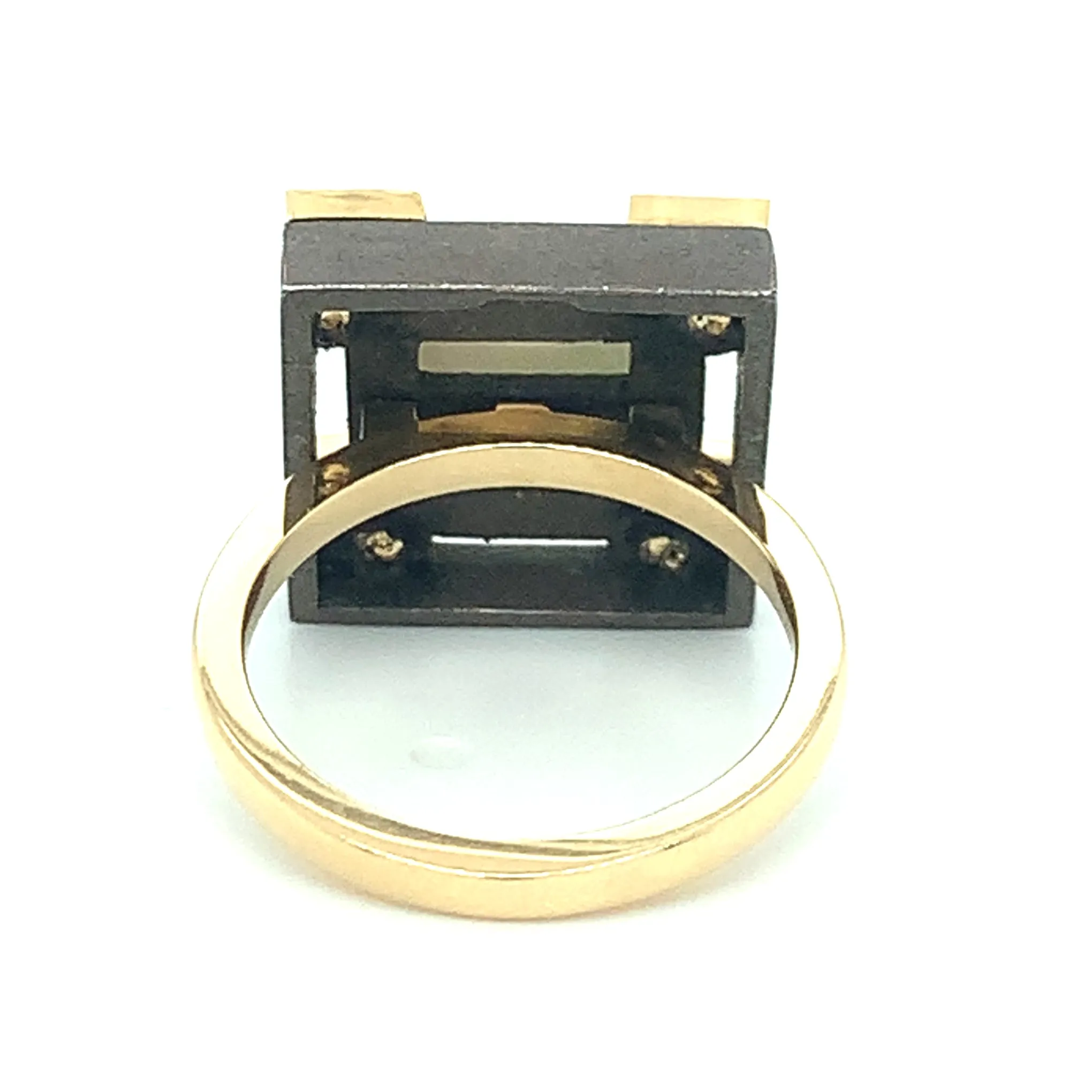Antique Mother-of-Pearl Gaming Counter 18k Yellow Gold, Silver Ring with Bands