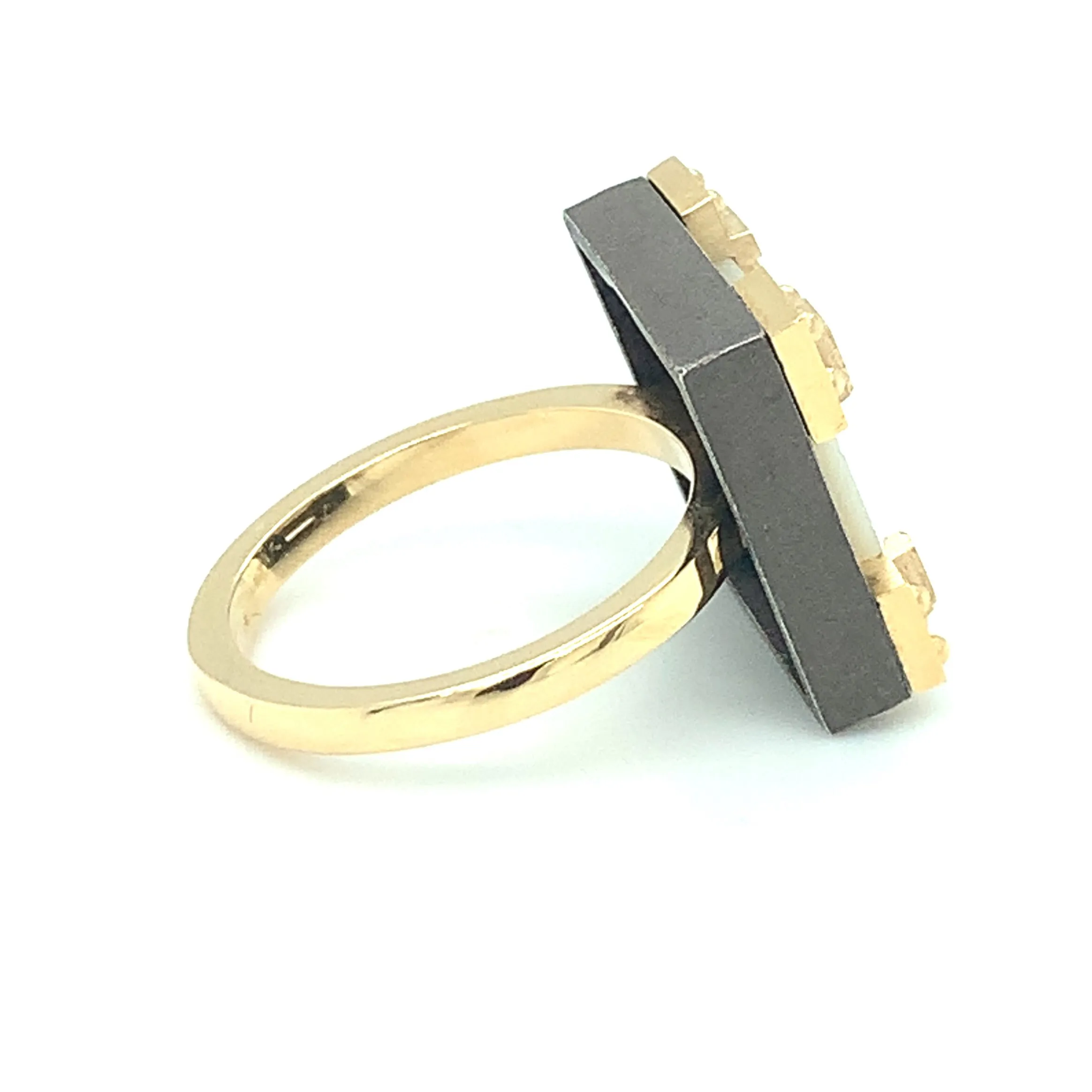 Antique Mother-of-Pearl Gaming Counter 18k Yellow Gold, Silver Ring with Bands
