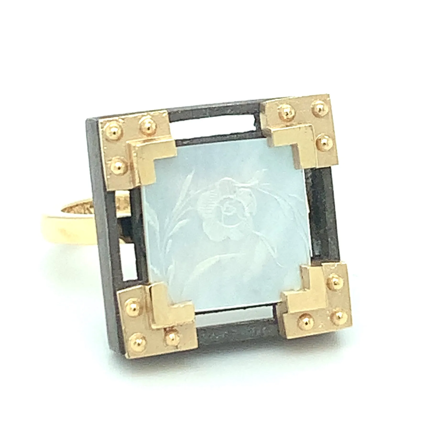 Antique Mother-of-Pearl Gaming Counter 18k Yellow Gold, Silver Ring with Bands
