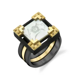 Antique Mother-of-Pearl Gaming Counter 18k Yellow Gold, Silver Ring with Bands