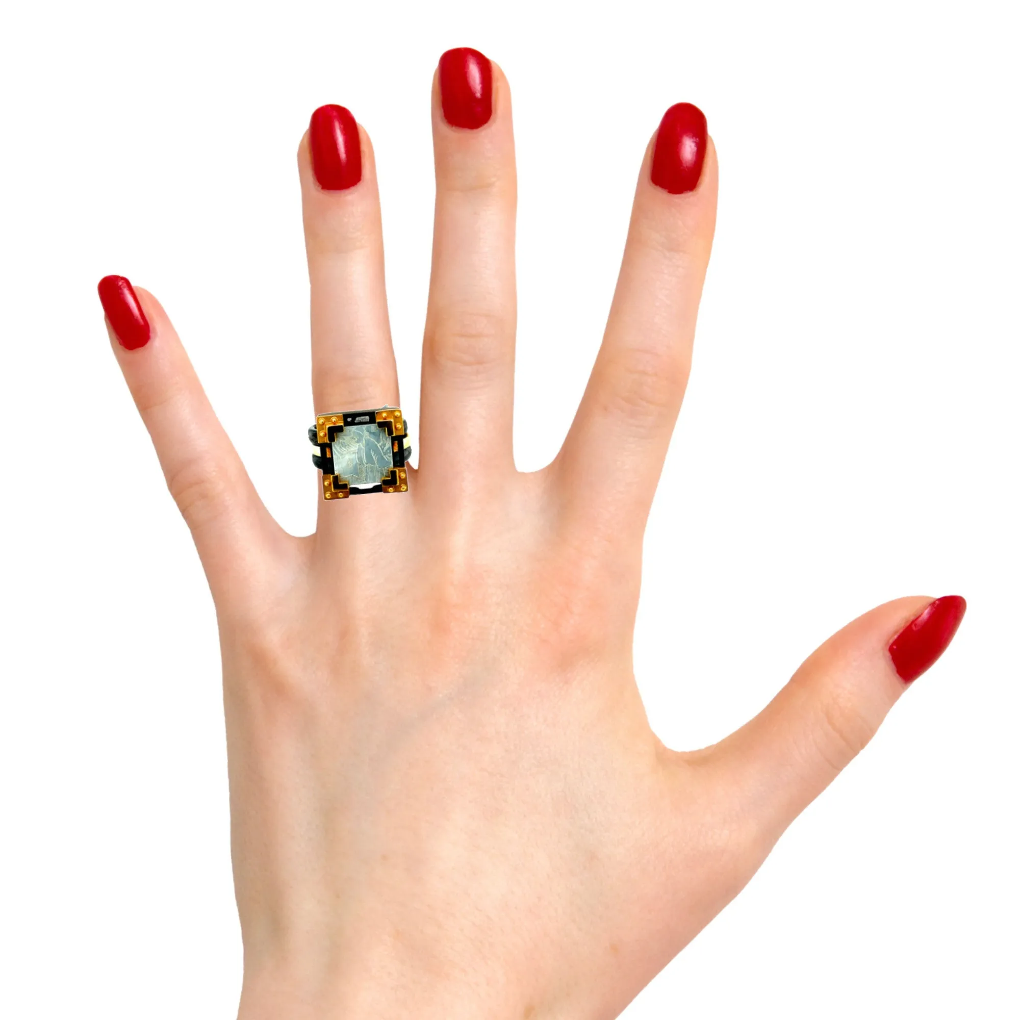 Antique Mother-of-Pearl Gaming Counter 18k Yellow Gold, Silver Ring with Bands