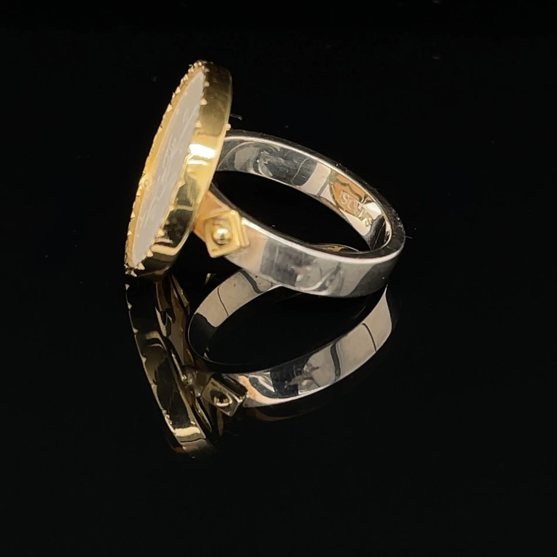 Antique Mother-of-Pearl Gaming Counter Gold & Silver Ring with Ceramic Bands