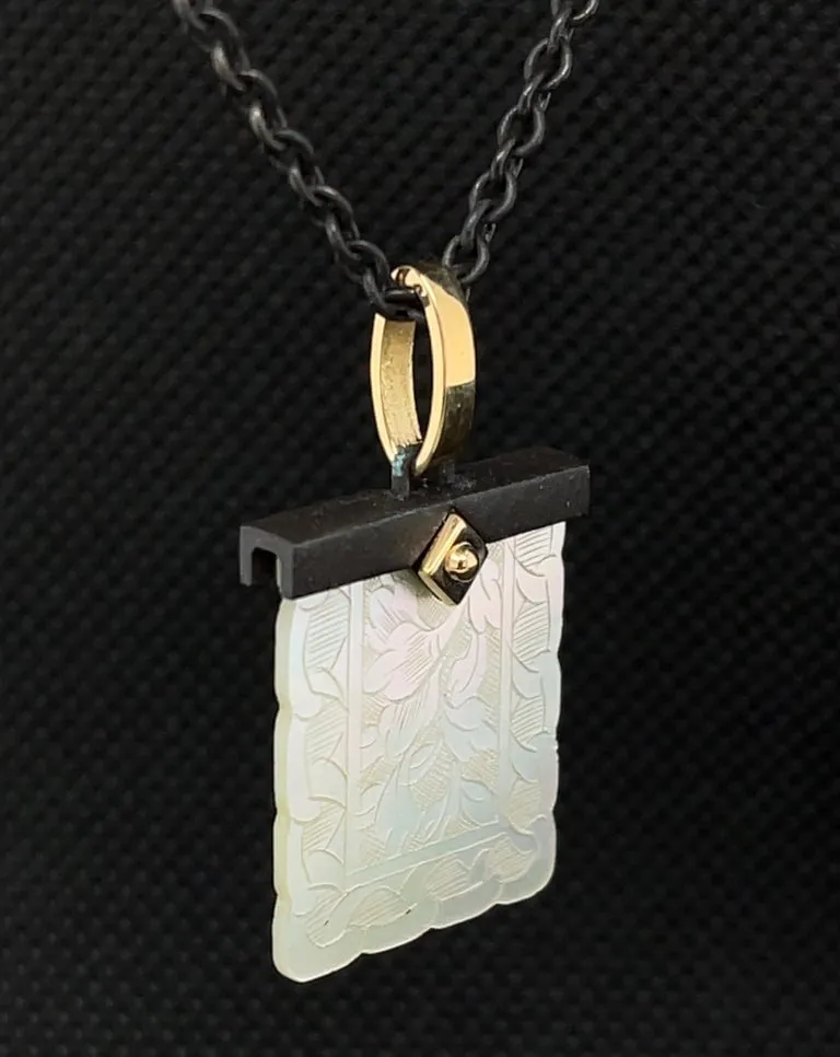 Antique Mother-of-Pearl Gaming Counter in 18K Gold and Silver Pendant with Chain