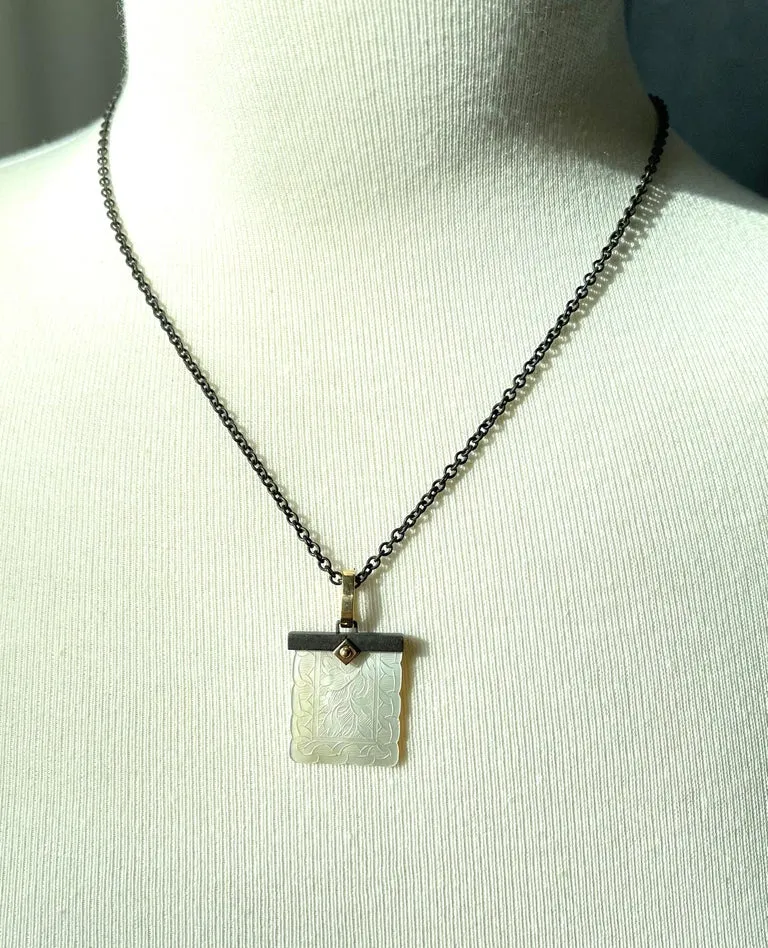 Antique Mother-of-Pearl Gaming Counter in 18K Gold and Silver Pendant with Chain