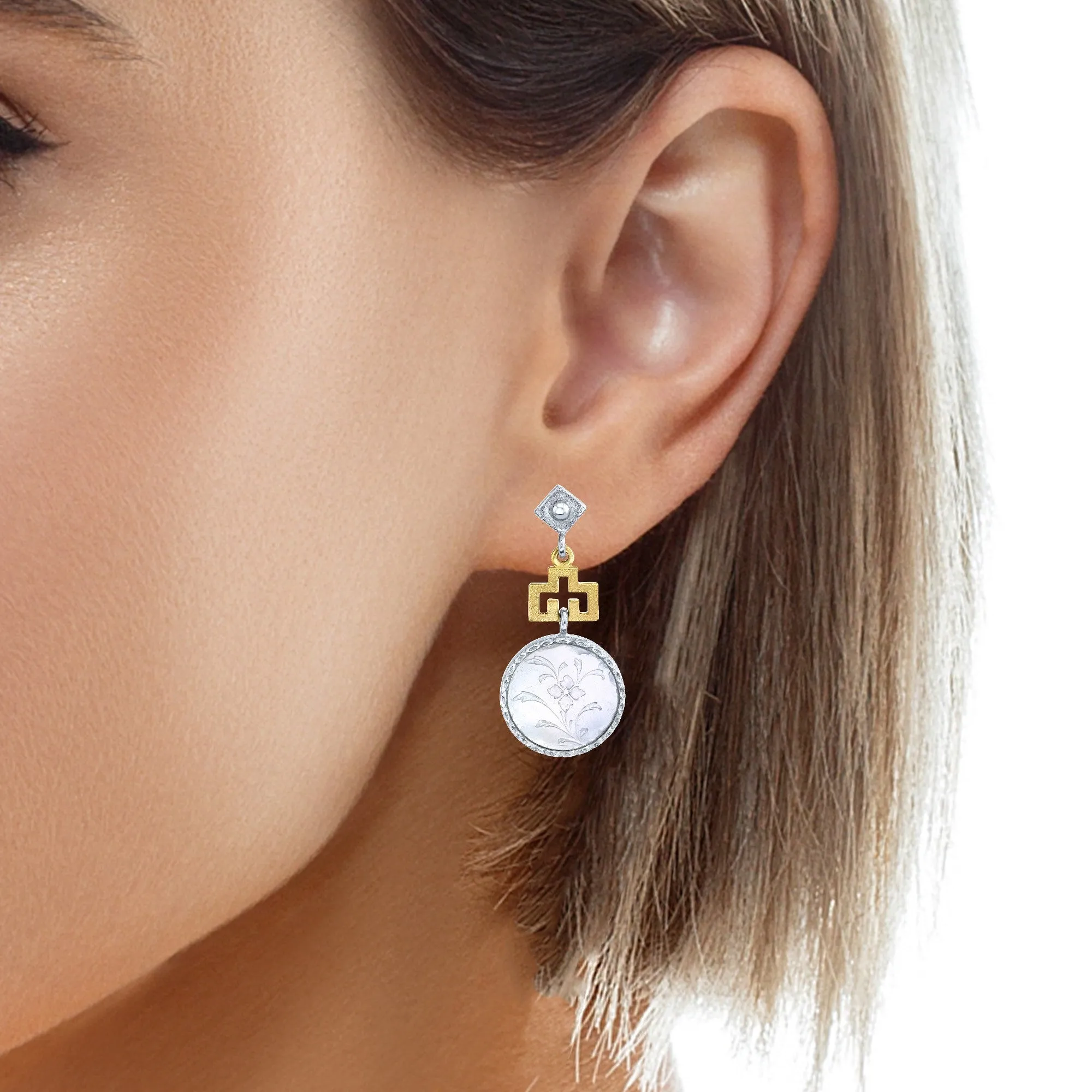 Antique Mother-of-Pearl Gaming Counter Yellow Gold and Silver Dangle Earrings