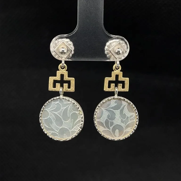Antique Mother-of-Pearl Gaming Counter Yellow Gold and Silver Dangle Earrings