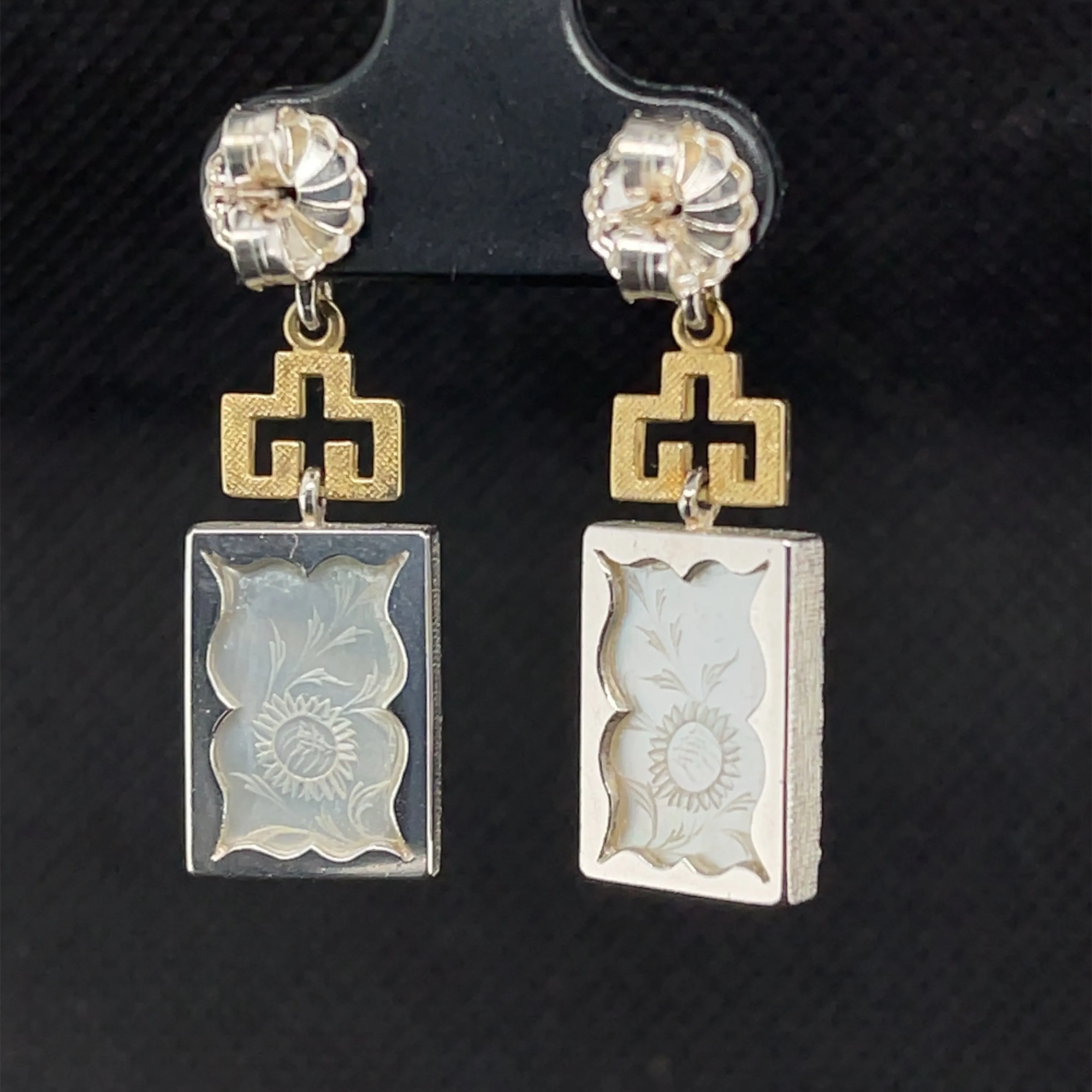 Antique Mother-of-Pearl Gaming Counter Yellow Gold and Silver Dangle Earrings