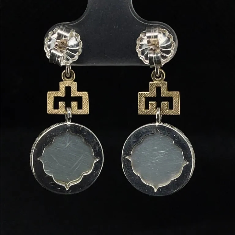 Antique Mother-of-Pearl Gaming Counter Yellow Gold and Silver Dangle Earrings