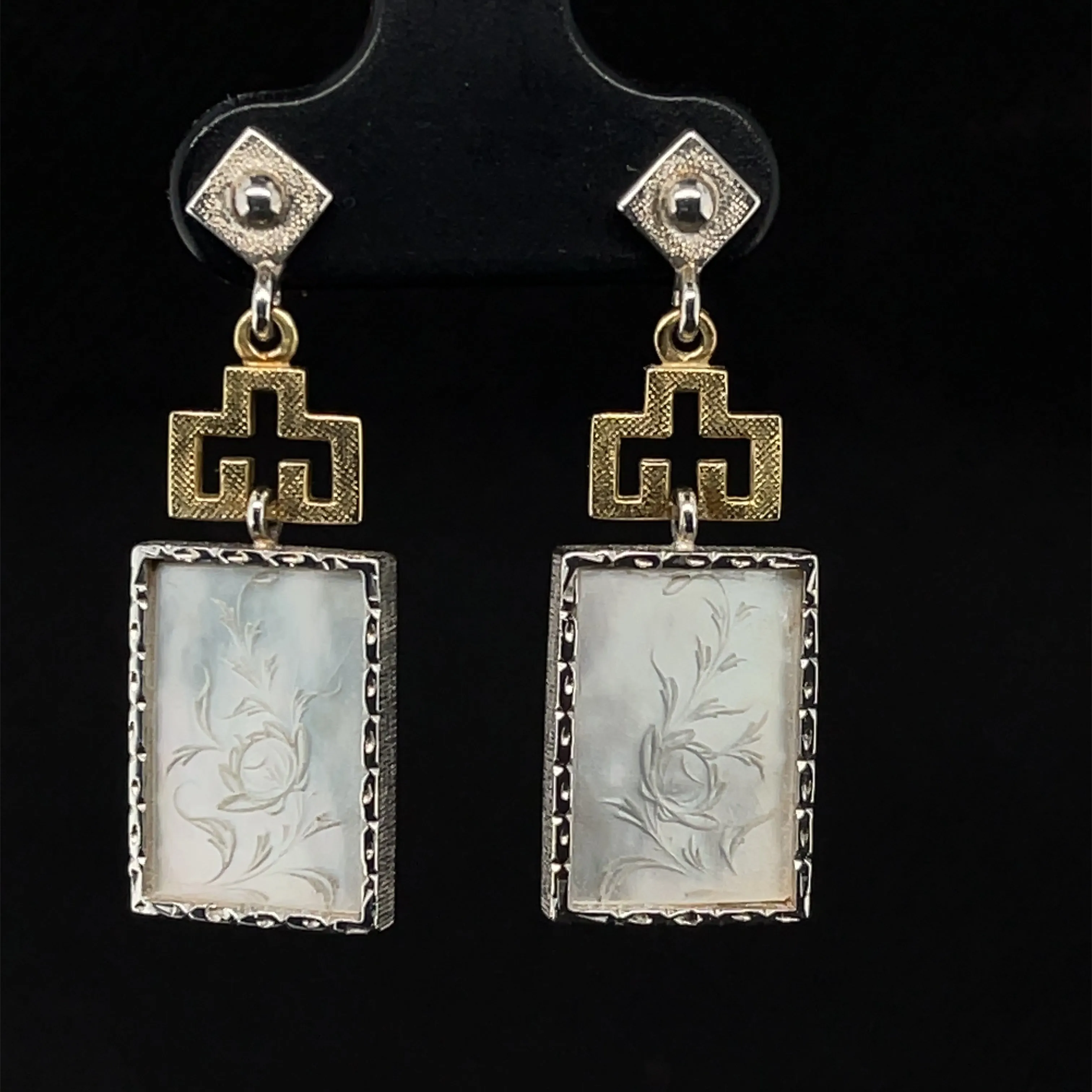 Antique Mother-of-Pearl Gaming Counter Yellow Gold and Silver Dangle Earrings
