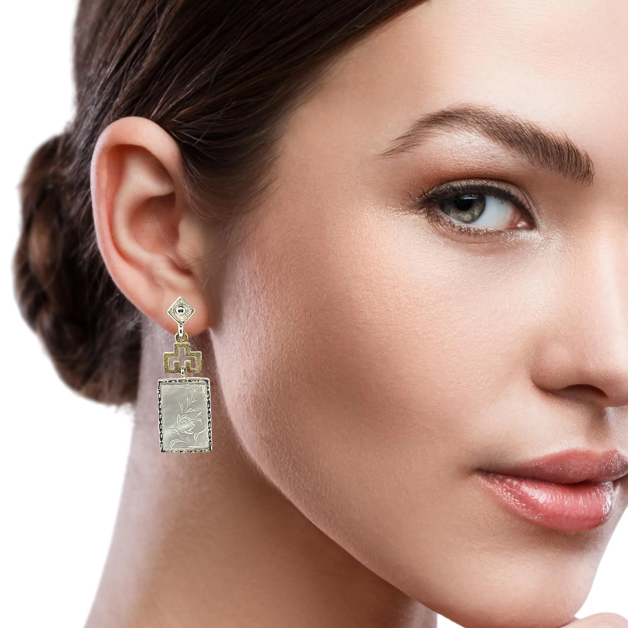 Antique Mother-of-Pearl Gaming Counter Yellow Gold and Silver Dangle Earrings