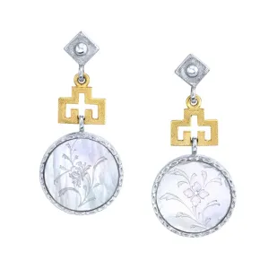 Antique Mother-of-Pearl Gaming Counter Yellow Gold and Silver Dangle Earrings