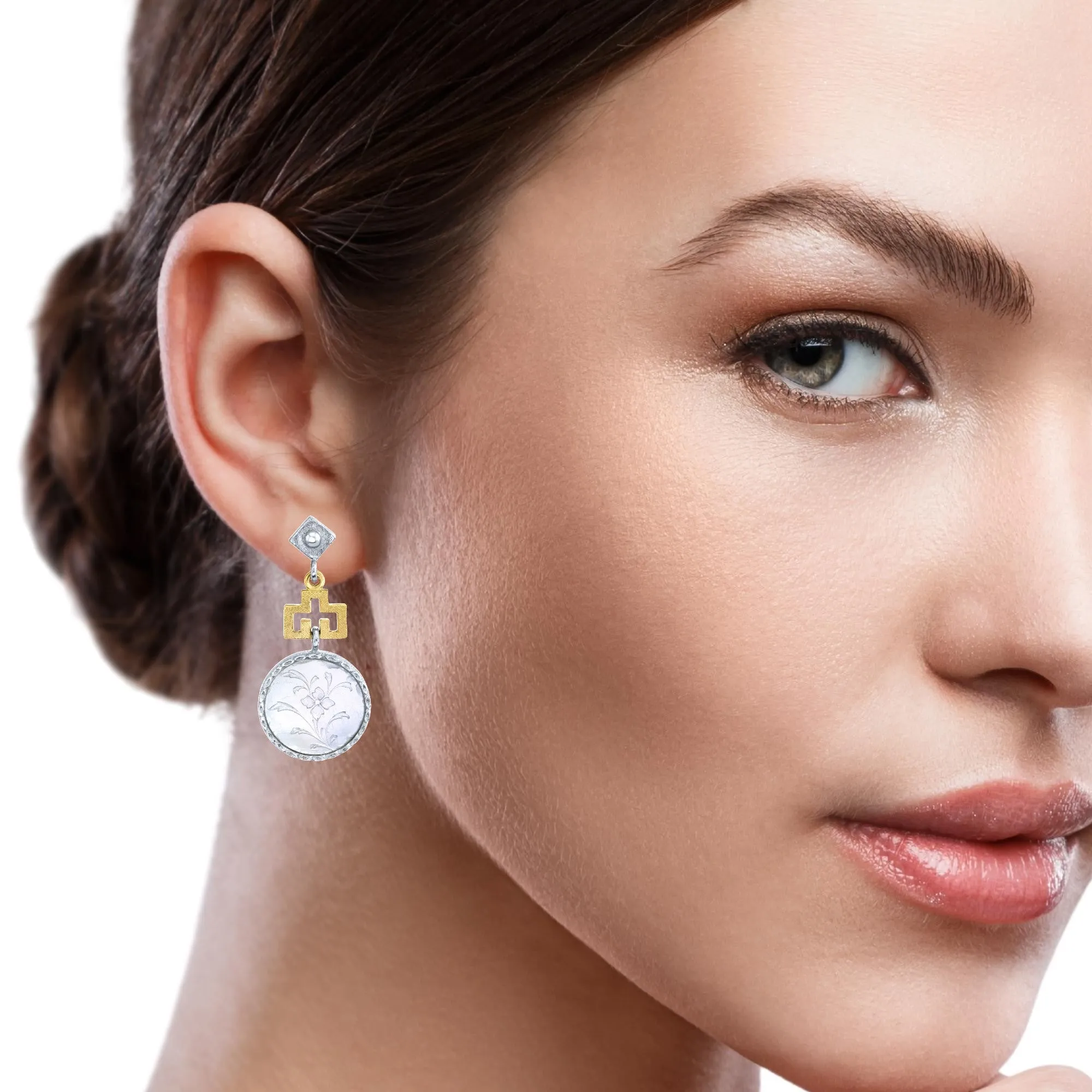 Antique Mother-of-Pearl Gaming Counter Yellow Gold and Silver Dangle Earrings