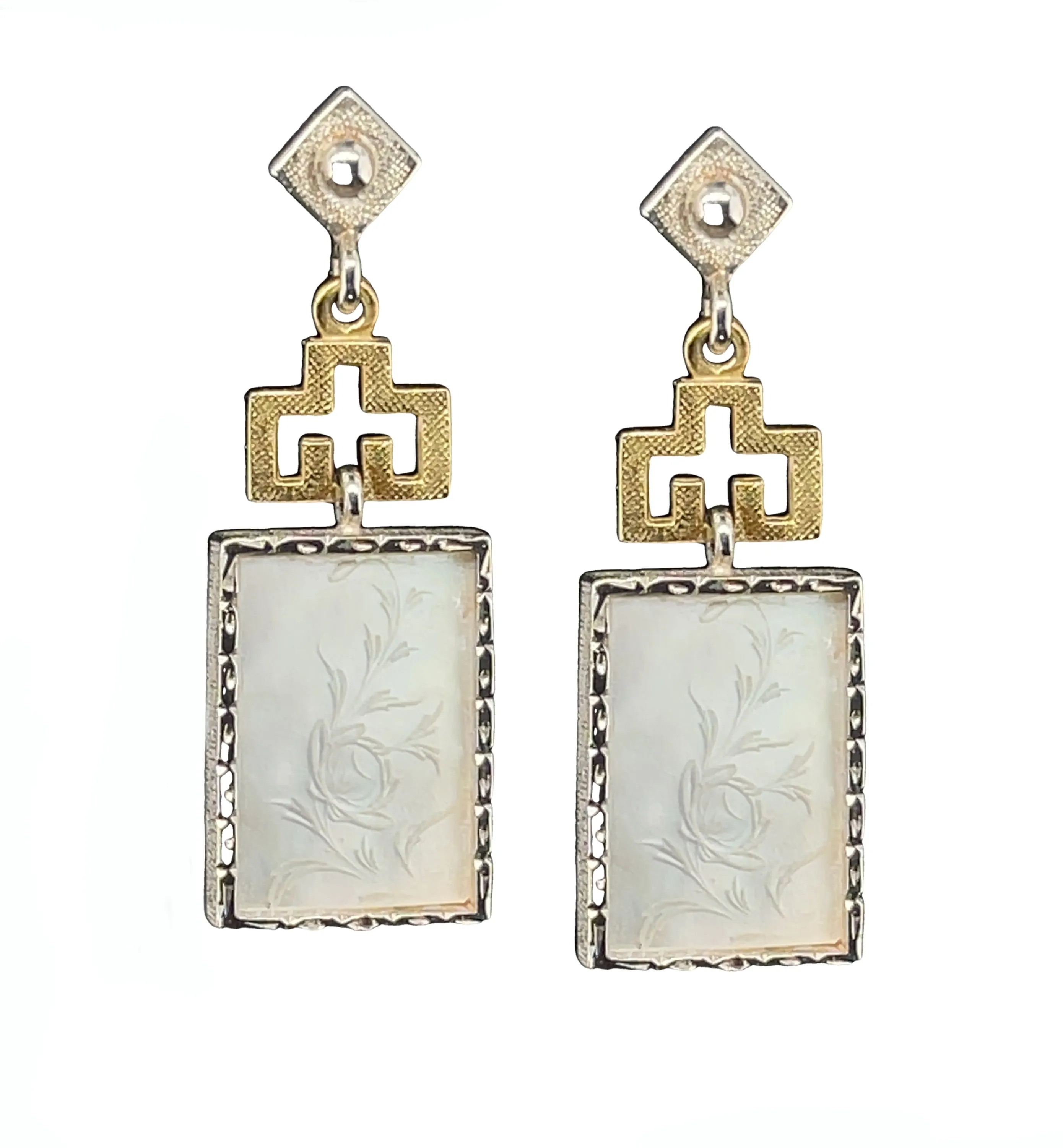 Antique Mother-of-Pearl Gaming Counter Yellow Gold and Silver Dangle Earrings