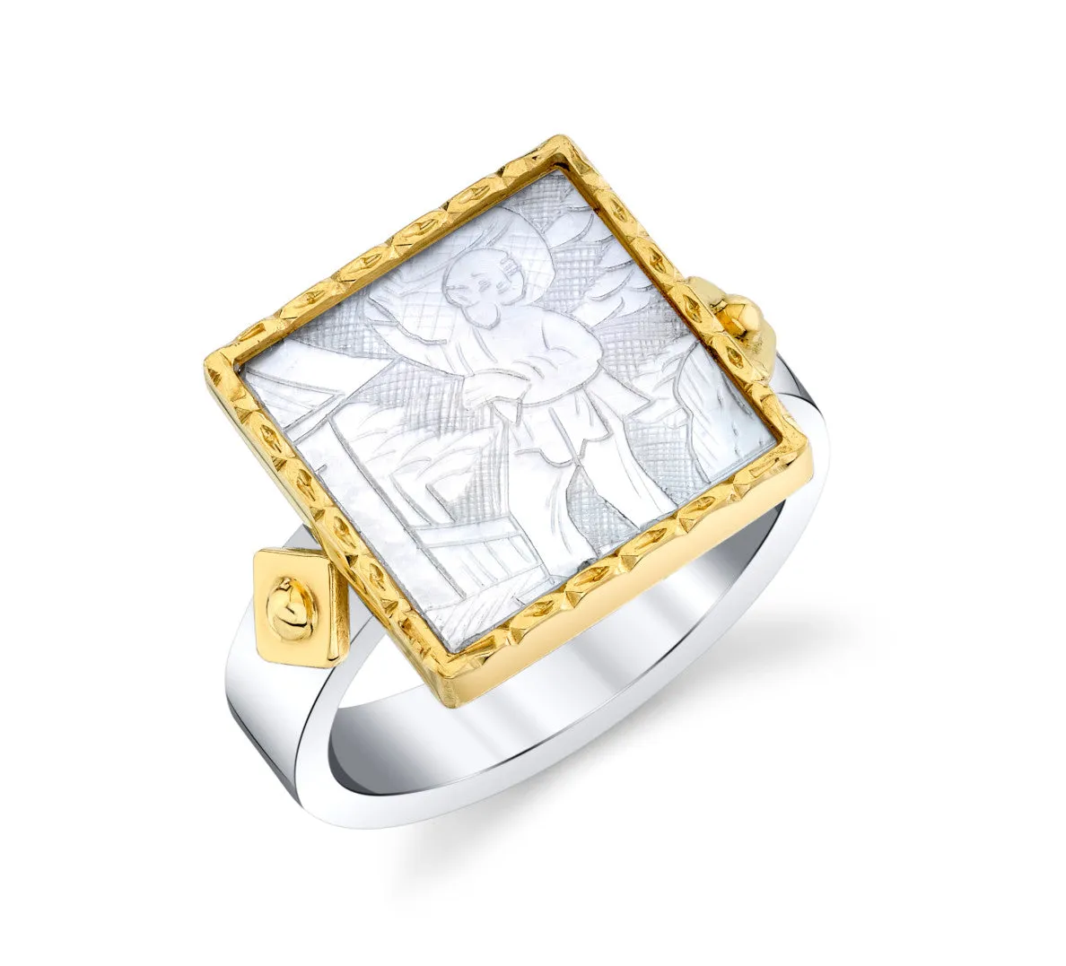 Antique Mother-of-Pearl Gaming Counter Yellow Gold and Silver Ring