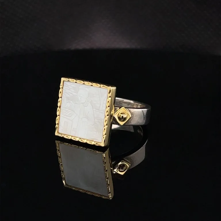 Antique Mother-of-Pearl Gaming Counter Yellow Gold and Silver Ring