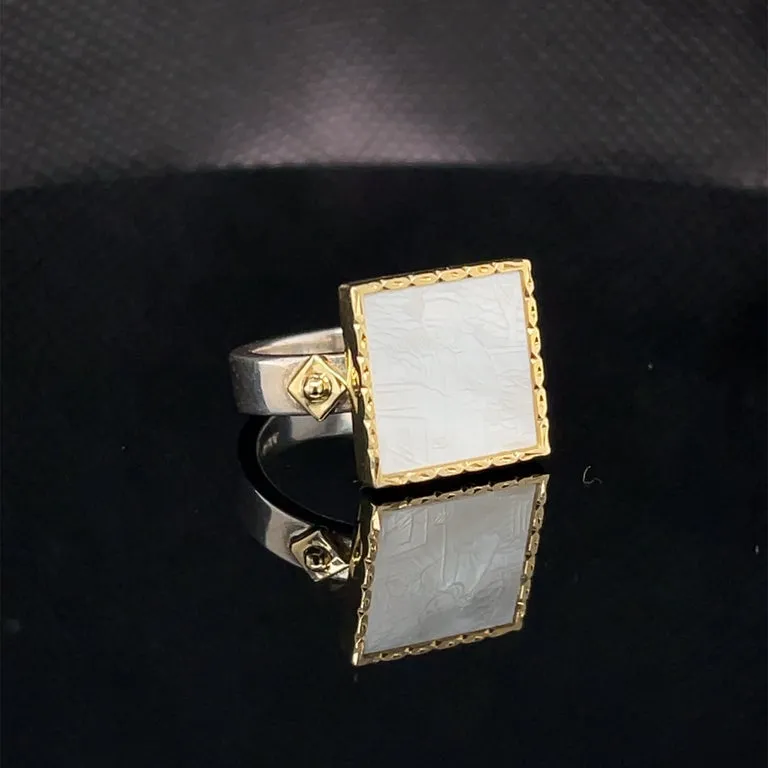 Antique Mother-of-Pearl Gaming Counter Yellow Gold and Silver Ring