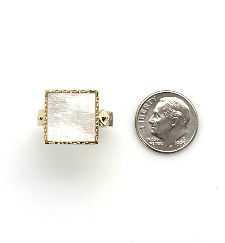 Antique Mother-of-Pearl Gaming Counter Yellow Gold and Silver Ring