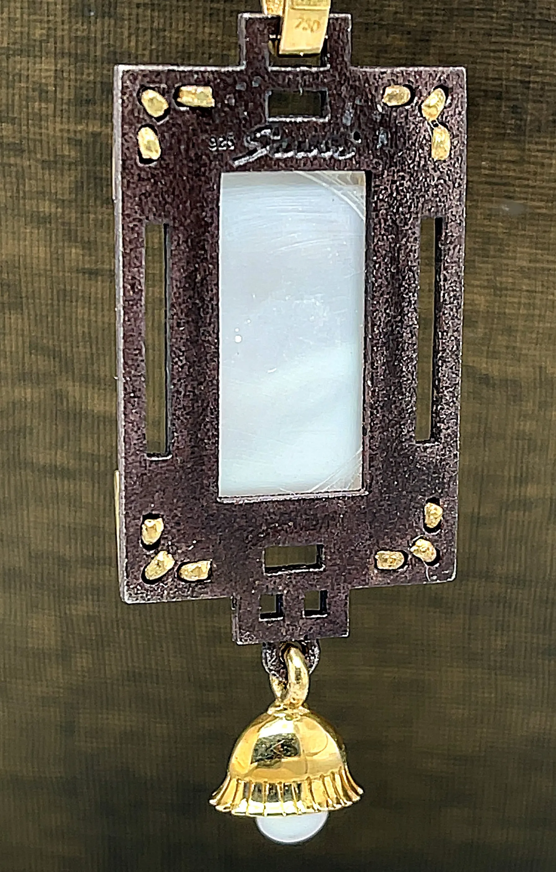 Antique Mother-of-Pearl Gaming Counter Yellow Gold Silver Pendant Necklace