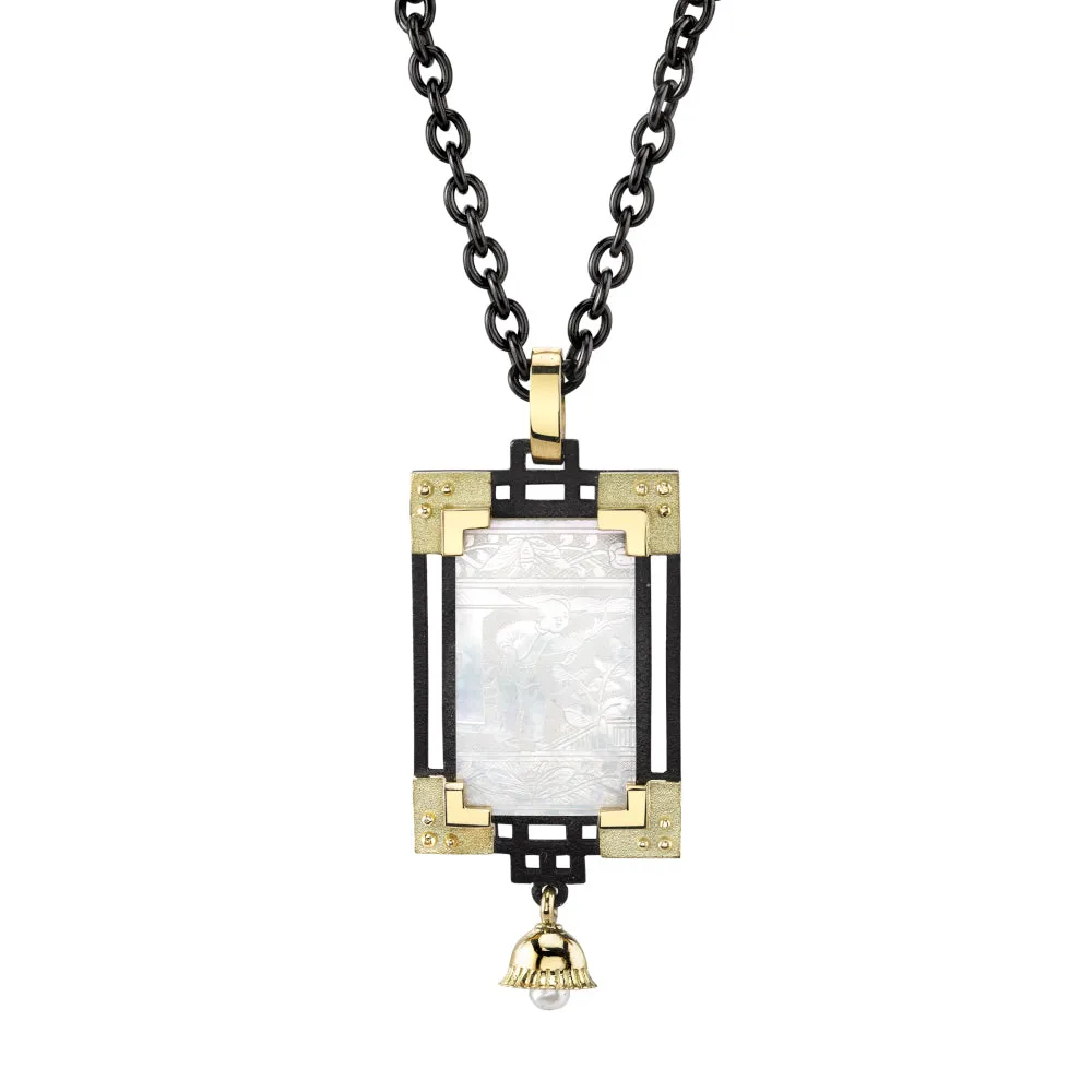 Antique Mother-of-Pearl Gaming Counter Yellow Gold Silver Pendant Necklace