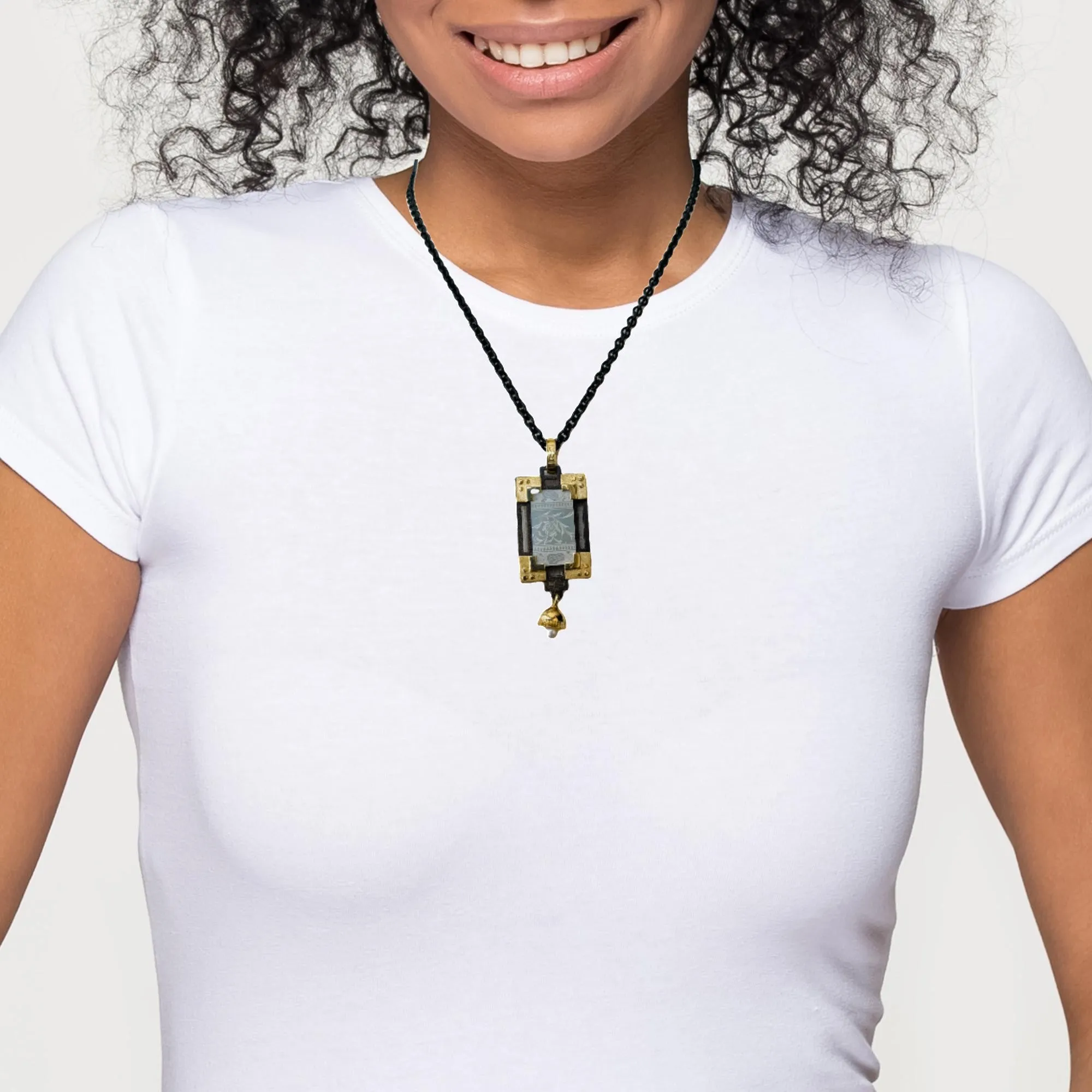 Antique Mother-of-Pearl Gaming Counter Yellow Gold Silver Pendant Necklace