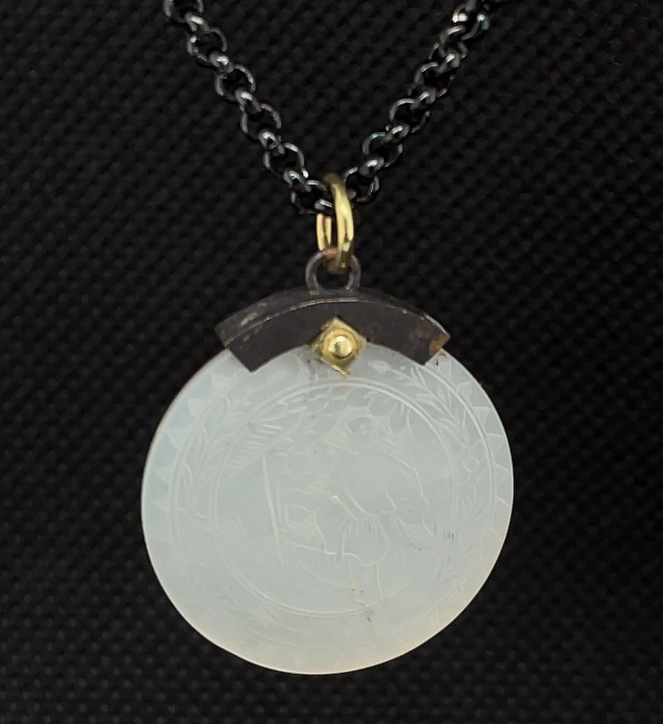 Antique Mother-of-Pearl Gaming Counter Yellow Gold Silver Pendant Steel Chain