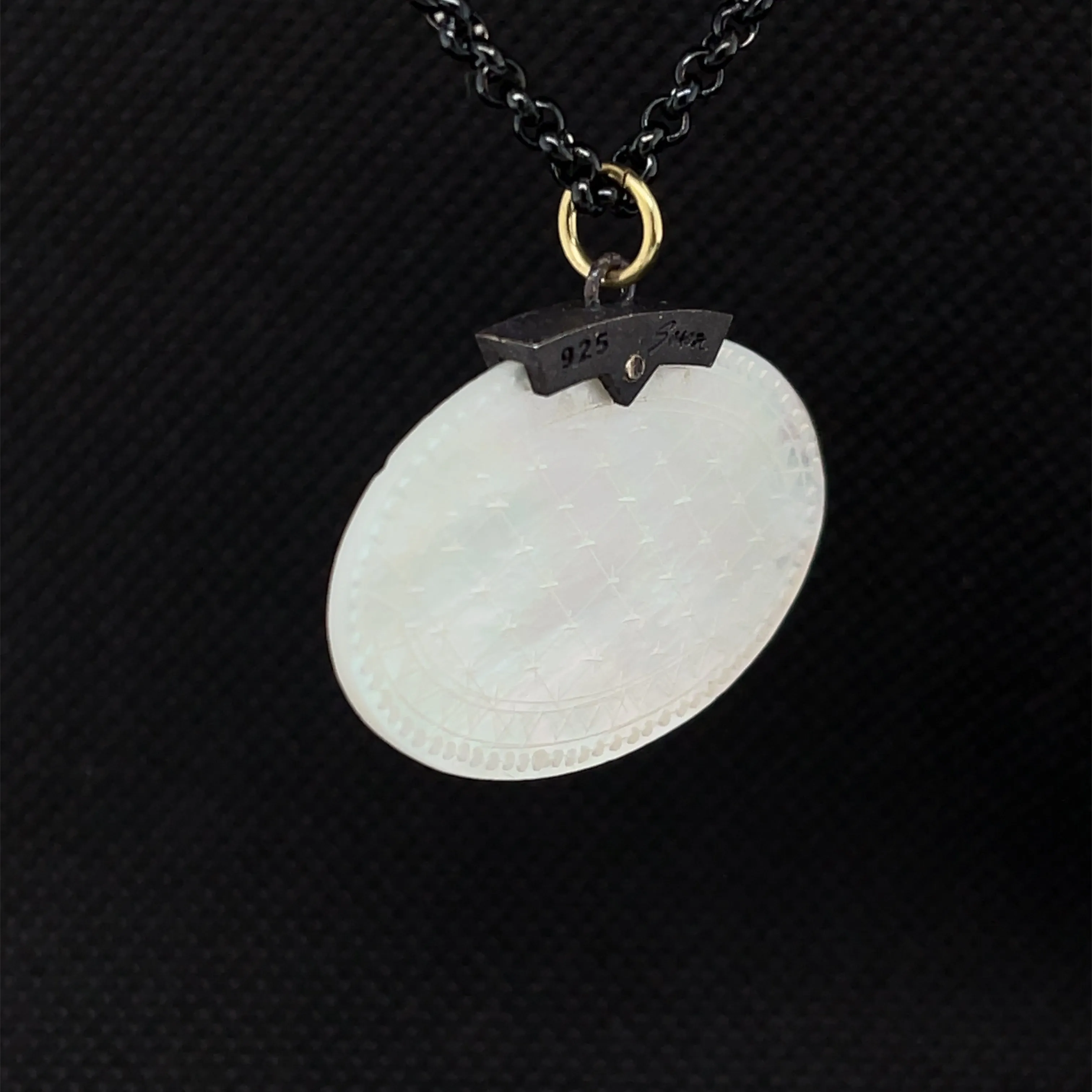 Antique Mother-of-Pearl Gaming Counter Yellow Gold Silver Pendant Steel Chain