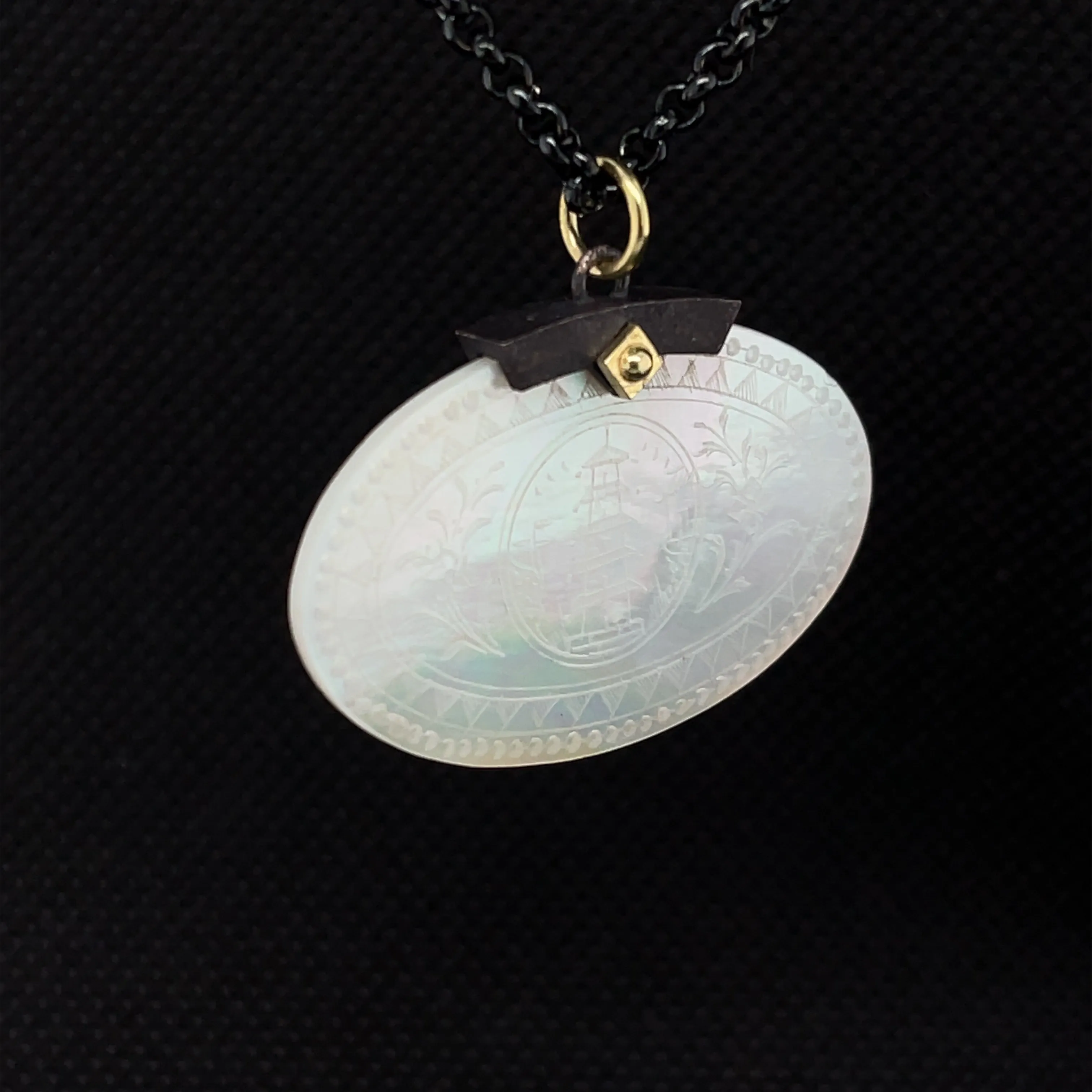 Antique Mother-of-Pearl Gaming Counter Yellow Gold Silver Pendant Steel Chain