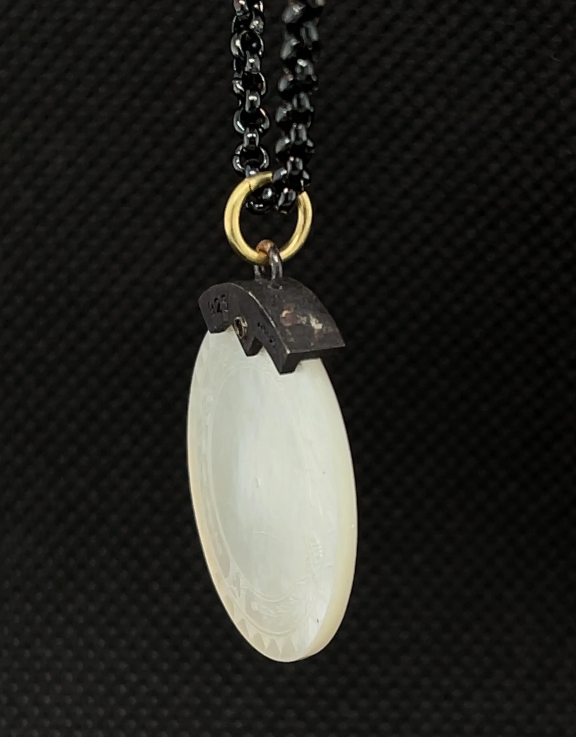 Antique Mother-of-Pearl Gaming Counter Yellow Gold Silver Pendant Steel Chain