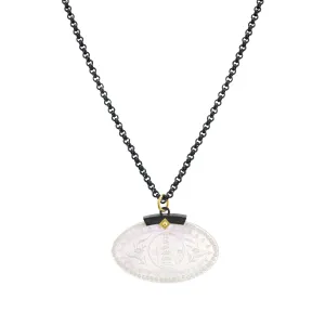 Antique Mother-of-Pearl Gaming Counter Yellow Gold Silver Pendant Steel Chain