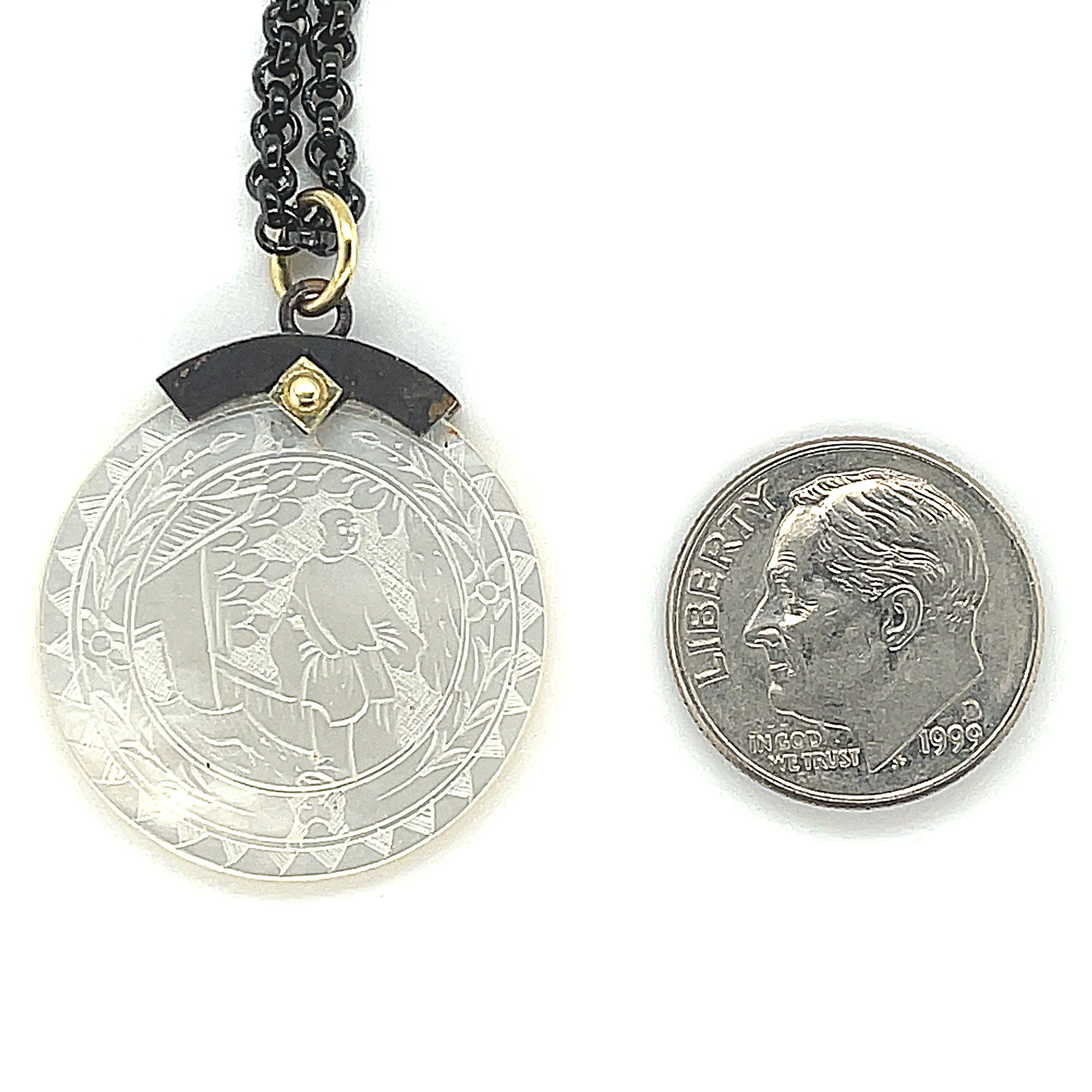 Antique Mother-of-Pearl Gaming Counter Yellow Gold Silver Pendant Steel Chain