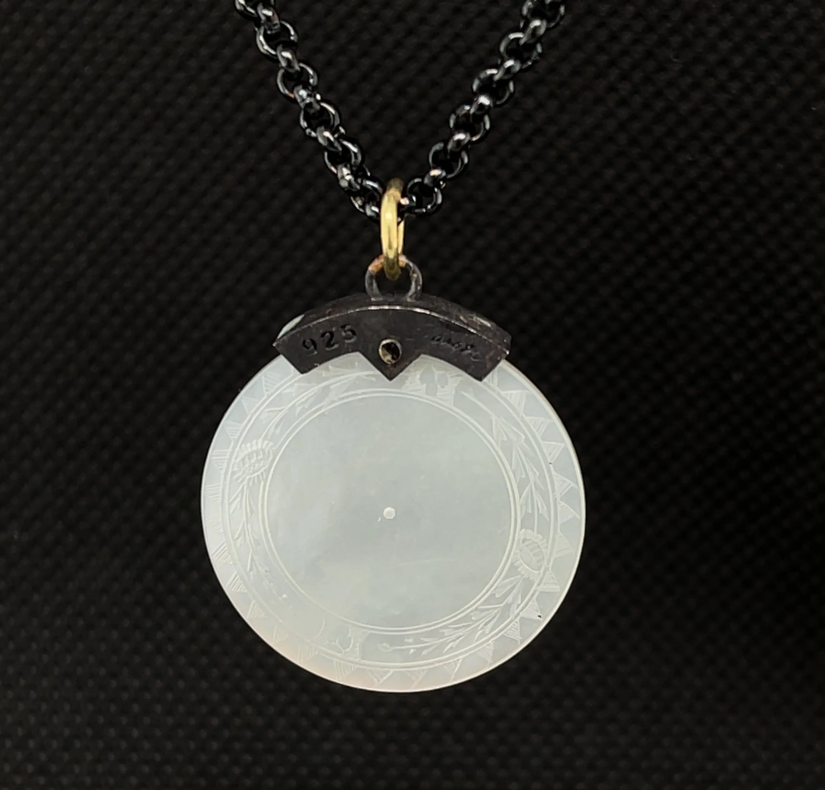 Antique Mother-of-Pearl Gaming Counter Yellow Gold Silver Pendant Steel Chain