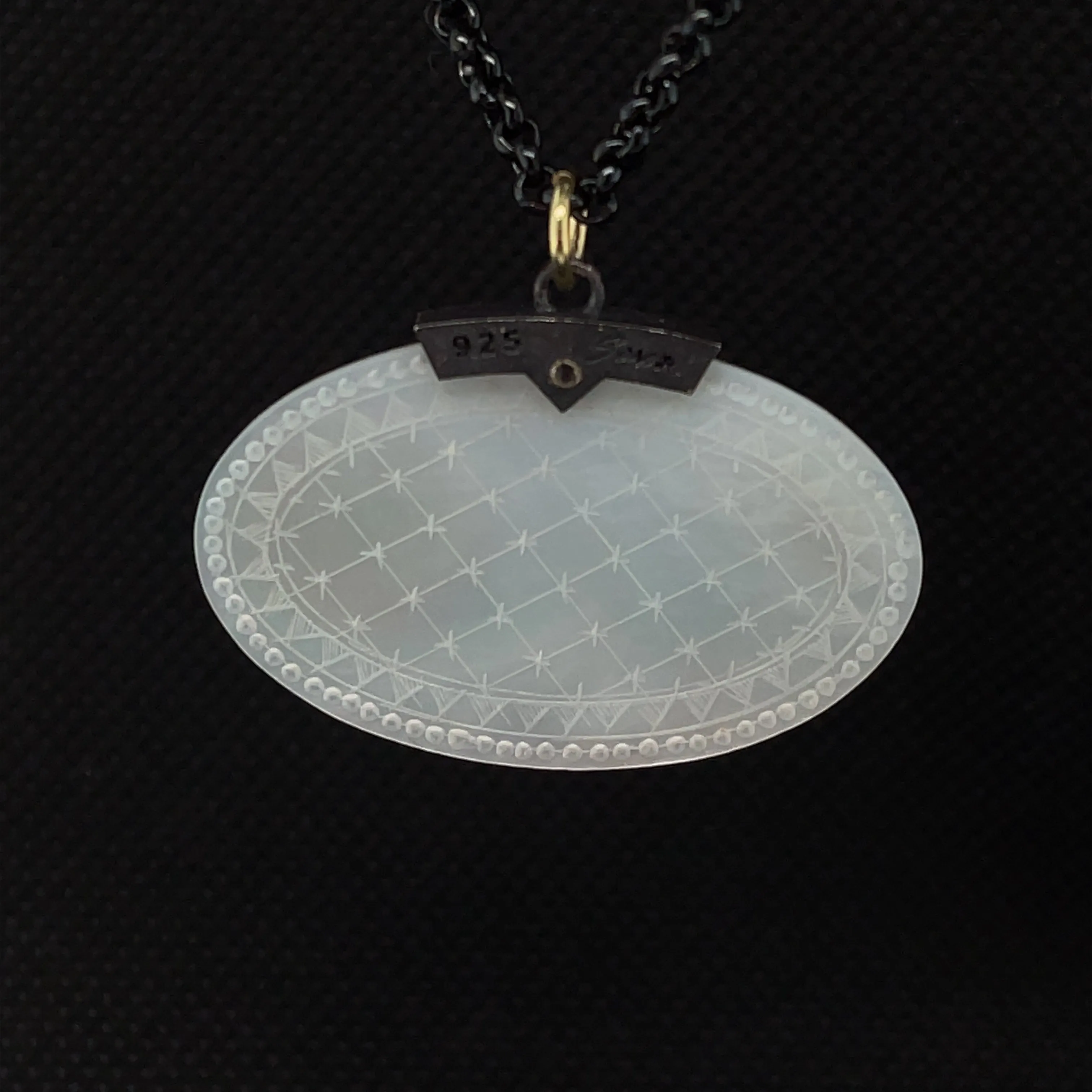 Antique Mother-of-Pearl Gaming Counter Yellow Gold Silver Pendant Steel Chain