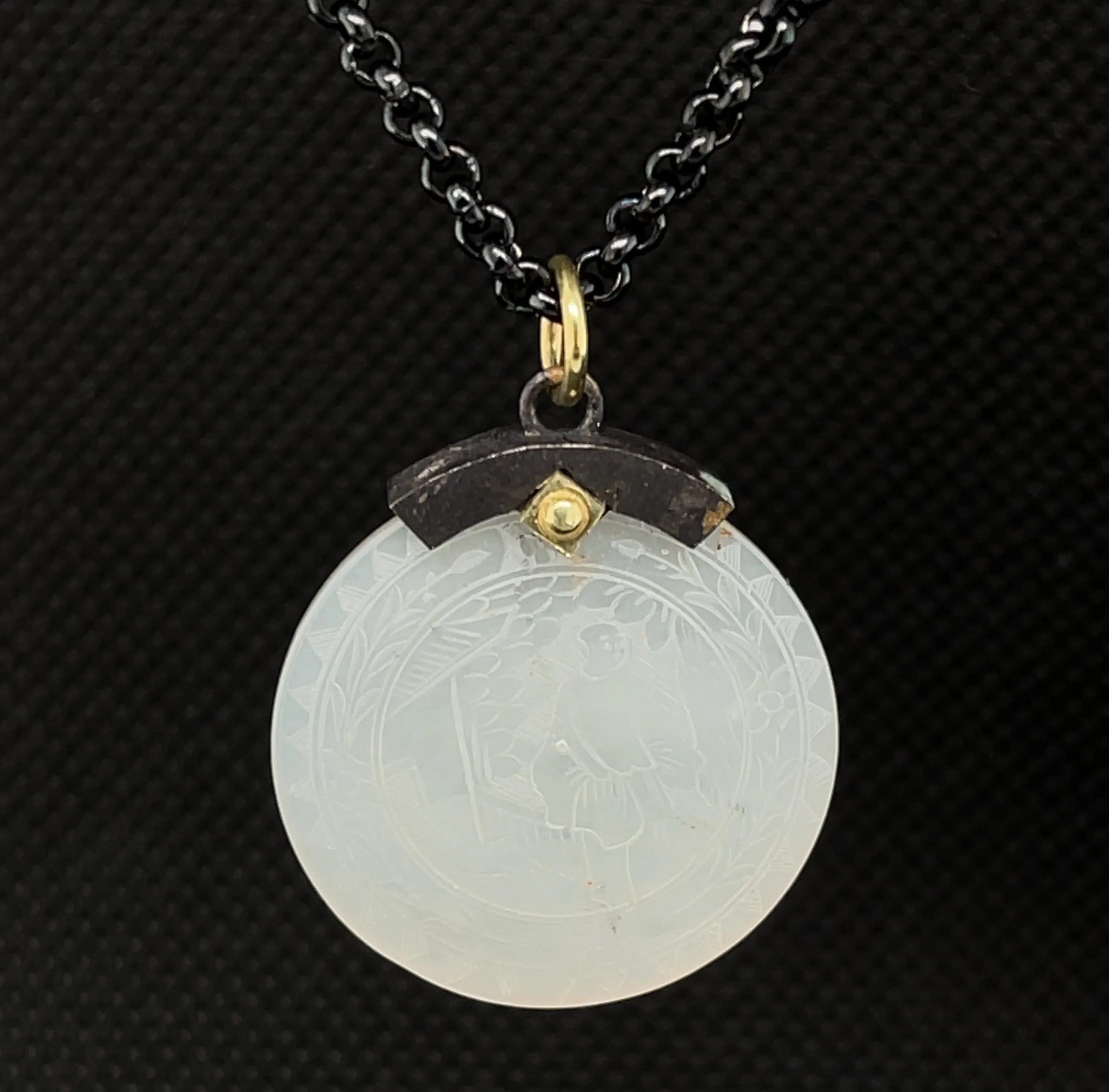 Antique Mother-of-Pearl Gaming Counter Yellow Gold Silver Pendant Steel Chain