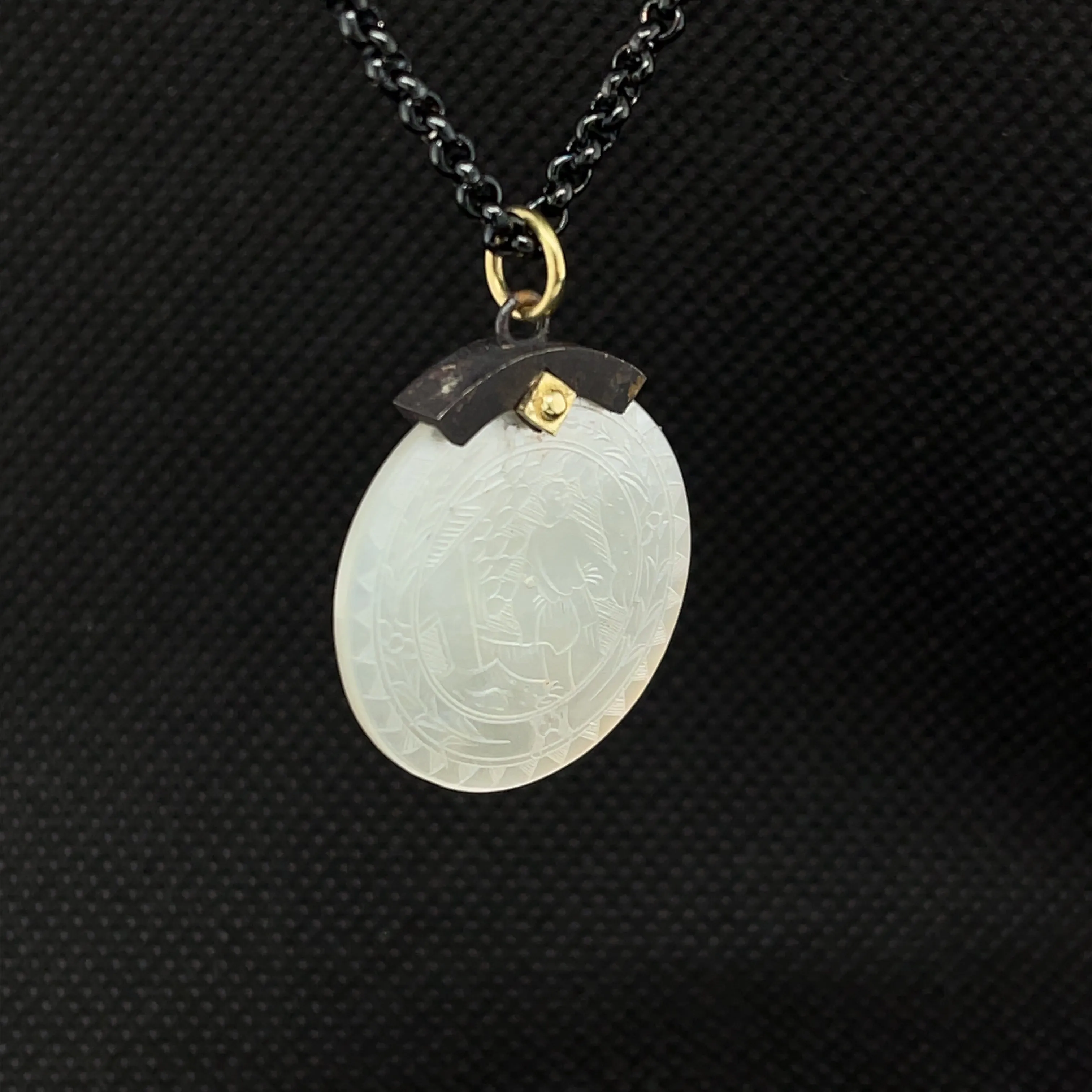 Antique Mother-of-Pearl Gaming Counter Yellow Gold Silver Pendant Steel Chain