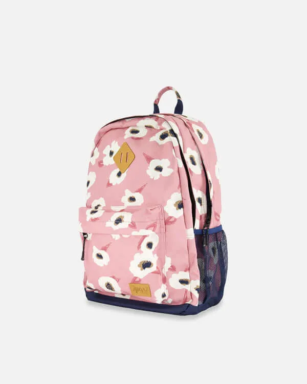 Backpack Pink Printed Off White Flowers - 25L
