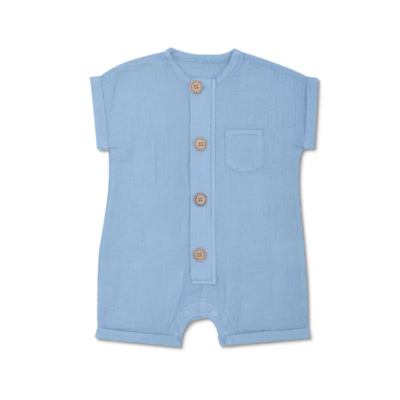 Blue Muslin Short Sleeve Romper | Boy