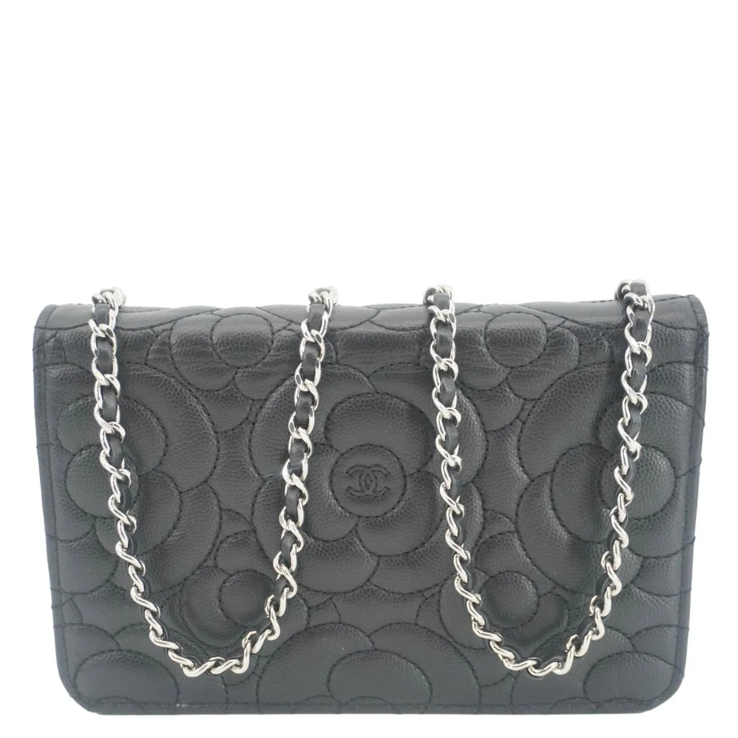 CHANEL Camellia Caviar Leather Wallet on Chain Shoulder Bag Black